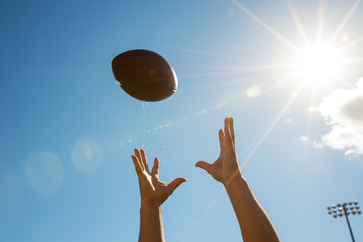 hands throwing football to the blue sky and sunlight 